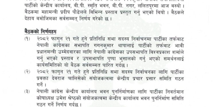 नेपाली कांग्रेस बैठकका ५ निर्णय : गगन थापा प्रधानमन्त्रीको उम्मेदवार, प्रचार समिति गठन !